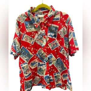 Vintage Lisbeth women’s sheer postcards red oversized shirt XXL